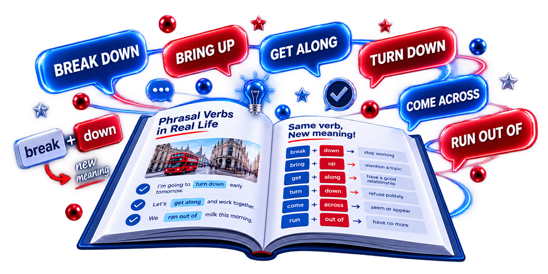 Open workbook surrounded by phrasal verb speech bubbles