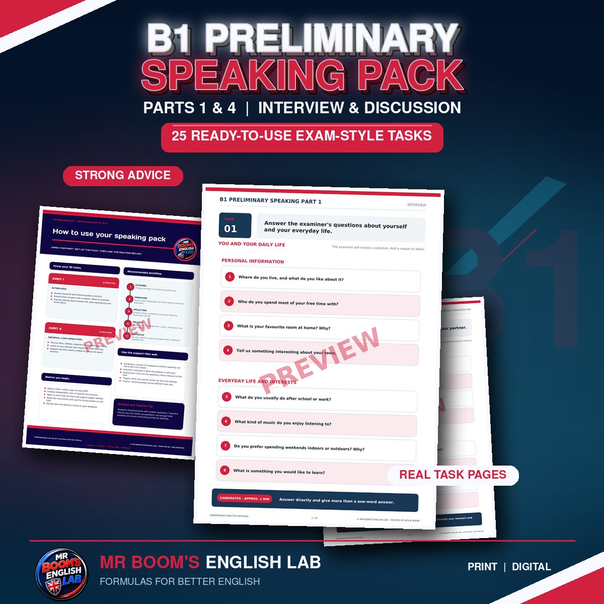 B1 Preliminary - Cambridge Exam Preparation: Parts 1 & 4 (Interview & Discussion)